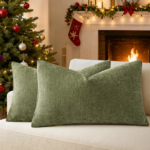 Olive Green Chenille Lumbar Pillow Cover – Textured Striped Decorative Cushion Cover