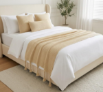Beige Waffle-Knit Bed Runner with Twisted Tassels – Wabi-Sabi Style