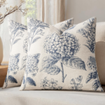 French Vintage-Style Botanical Cushion Cover – Blue Hydrangea & Floral Print on a Beige Background