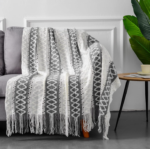 Grey-and-White Openwork Jacquard Striped Throw with Tassels – Nordic-Style Sofa Throw - Image 2
