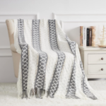 Grey-and-White Openwork Jacquard Striped Throw with Tassels – Nordic-Style Sofa Throw
