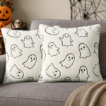 White Plush Cartoon Ghost Embroidered Pillow Cover – Halloween-Themed Cushion Cover