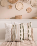 Bohemian-Style Textured Striped Cushion Cover – Green & Brown Color-Block Design - Image 2