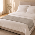 Light Gray Diamond-Cable Knit Bed Runner with Side Tassels – Minimalist Bed Scarf