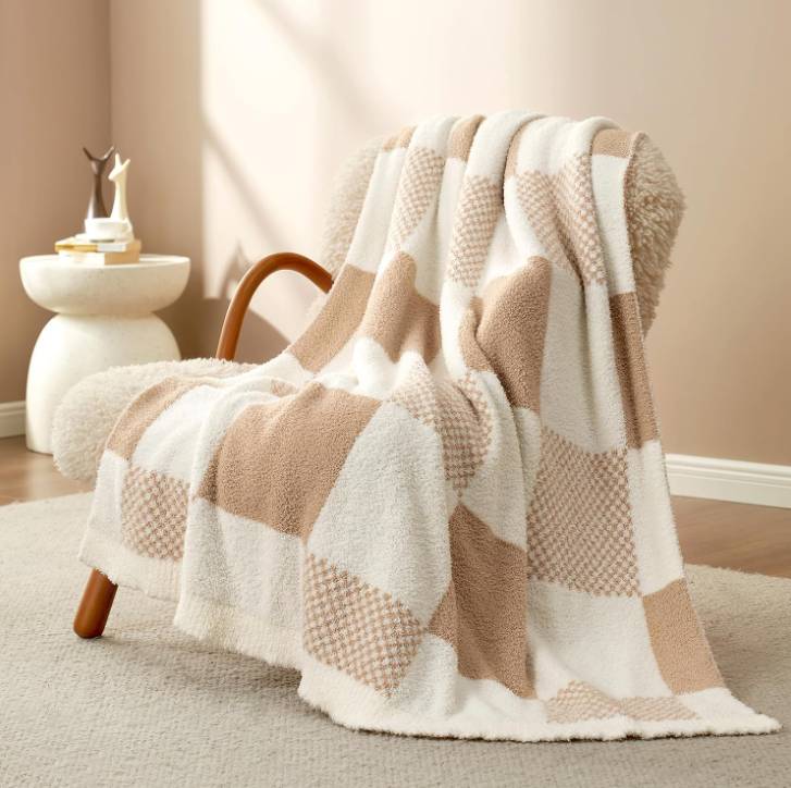 2 Soft & Cozy Khaki Checkerboard Throw – Perfect for Sofas - Image 1