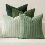 Three-Tone Green Vertical-Striped Corduroy Cushion Cover – Fresh, Retro-Style Solid-Color Pillowcase