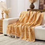 Mustard Yellow Botanical Leaf-Print Throw with Tassels – Bohemian-Style Sofa Throw