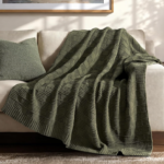 Olive Green Textured Jacquard Knit Throw – Minimalist Solid-Color Sofa Blanket