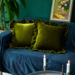 Olive Green Vintage Velvet Ruffled Cushion Cover – French-Style "Quiet Luxury" Decorative Pillowcase