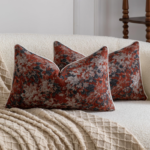 Rust-Red Floral Tapestry-Style Rectangular Cushion Cover – Vintage Botanical Theme