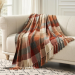 Vintage-Style Warm-Toned Plaid Throw Blanket with Tassels – American Casual Sofa Throw