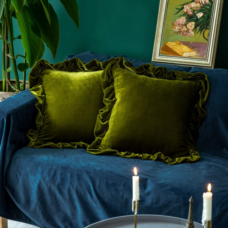 5 Olive Green Vintage Velvet Ruffled Cushion Cover – French-Style "Quiet Luxury" Decorative Pillowcase - Image 1
