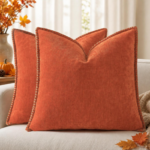 Warm Orange-Brown Chenille Cushion Cover with Contrast-Stitched Edges – American Vintage Solid-Color Style