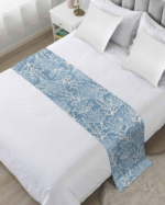 Blue Coral & Seagrass Print Bed Runner – Ocean-Inspired Flat-Style Bed Scarf