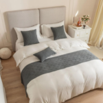 Dark Gray Quilted Bed Runner with Ginkgo Leaf Pattern – Textured, "Quiet Luxury" Style