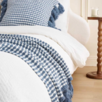 Blue and White Gingham Knitted Bed Runner with Side Tassels - Image 2