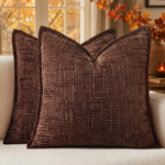 Deep Brown Textured Plaid Cushion Cover – Mid-Century Style Chenille Throw Pillow Cover