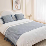 Blue and White Gingham Knitted Bed Runner with Side Tassels